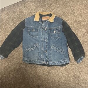 Limited Jeans Blue Denim Jacket with Plaid Sleeves/Back